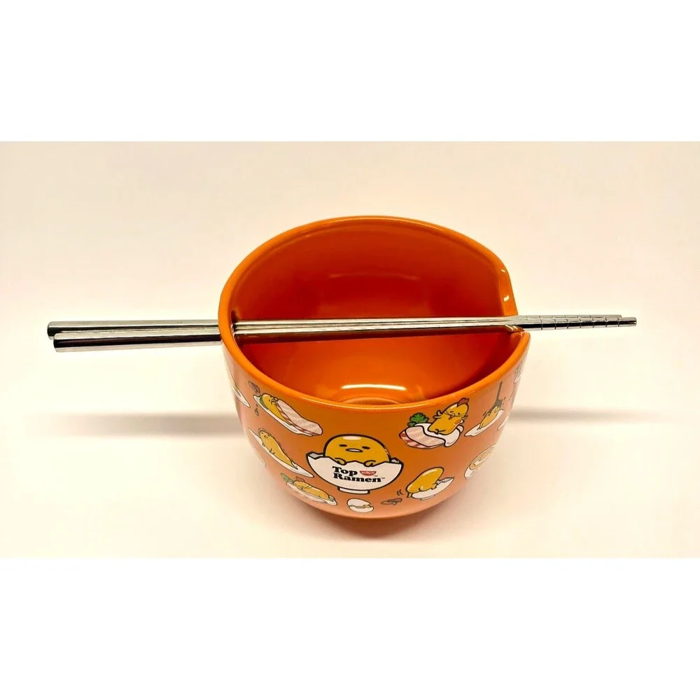 Sanrio Gudetama Japanese Top Ramen 20 oz Noodle/Rice Bowl w/ Silver Chopsticks